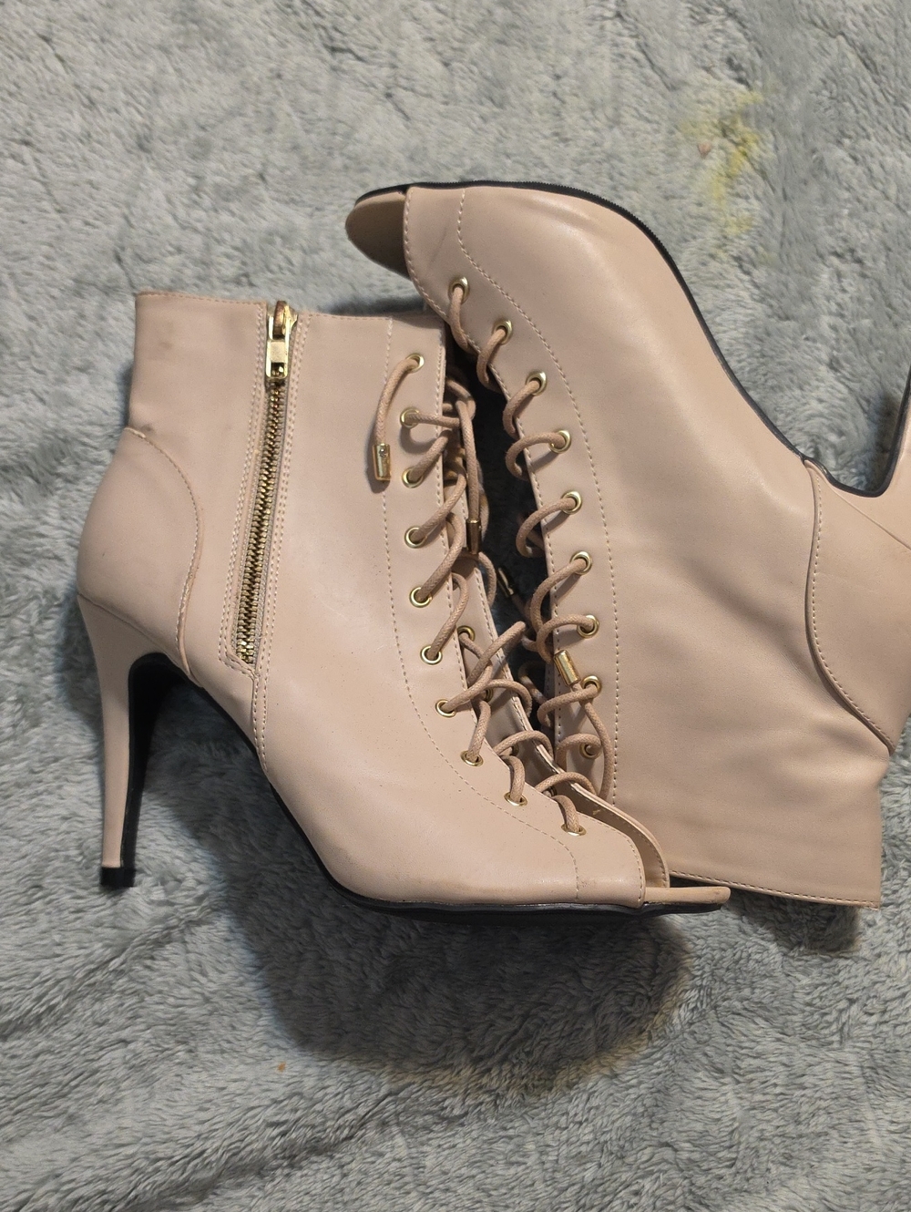 CATO Nude Lace-Up Peep-Toe Ankle Booties with Side Zip, Sz 10